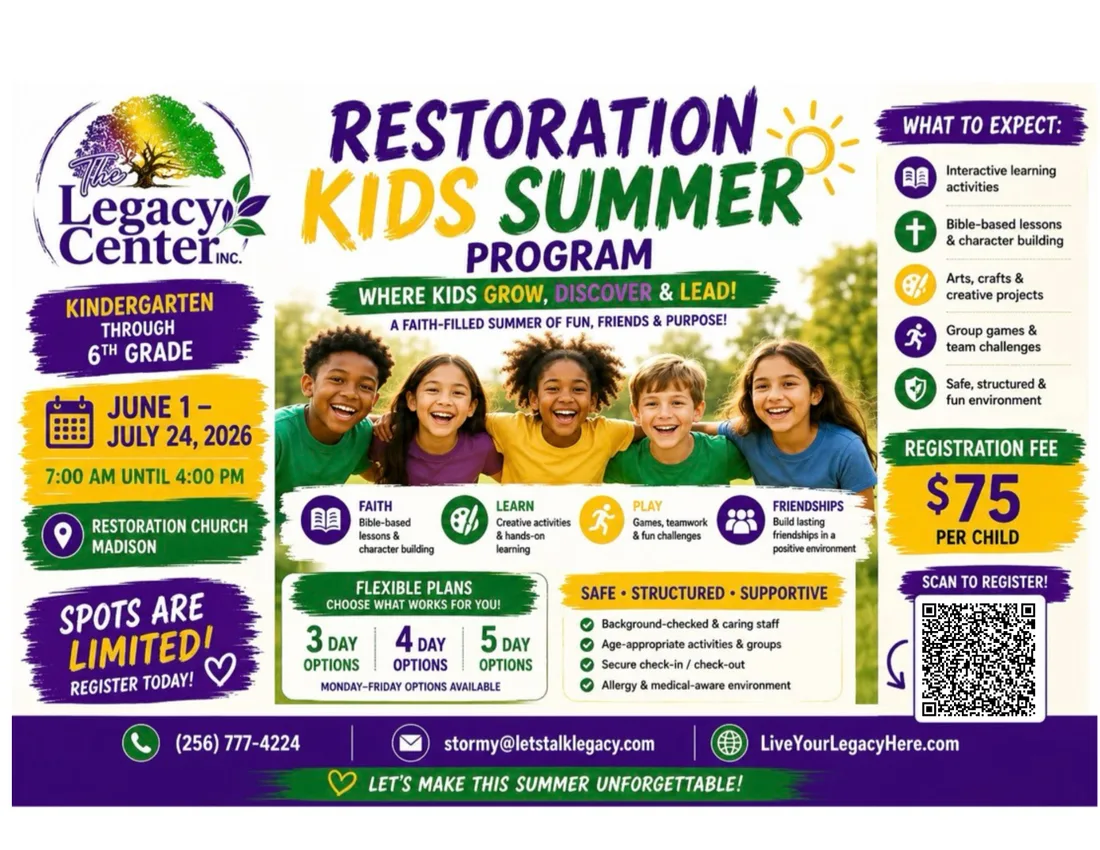 Restoration Kids Summer Program flyer — June 1 to July 24, 2026, for kindergarten through 6th grade