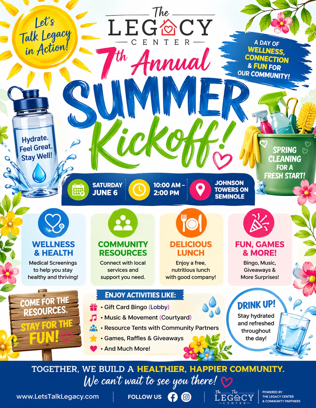 7th Annual Summer Kickoff flyer — Saturday, June 6, 2026, 10 AM to 2 PM at Johnson Towers on Seminole